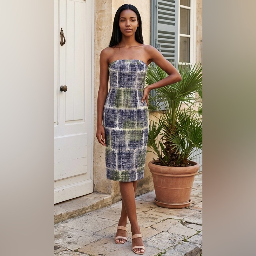 EUC Edme & Esyllte SZ 10 beige/black/green abstract pattern dress/bust 32”-36”